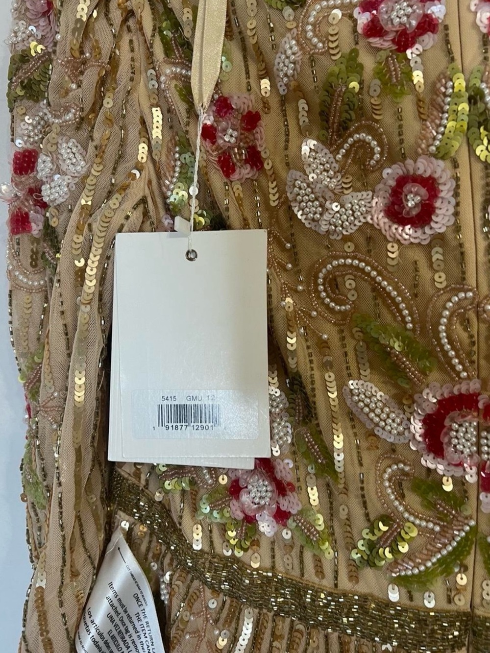 Mac Duggal Embellished V-Neck Floral Beaded Evening Dress in Tan, Pink & Green - Picture 5 of 9